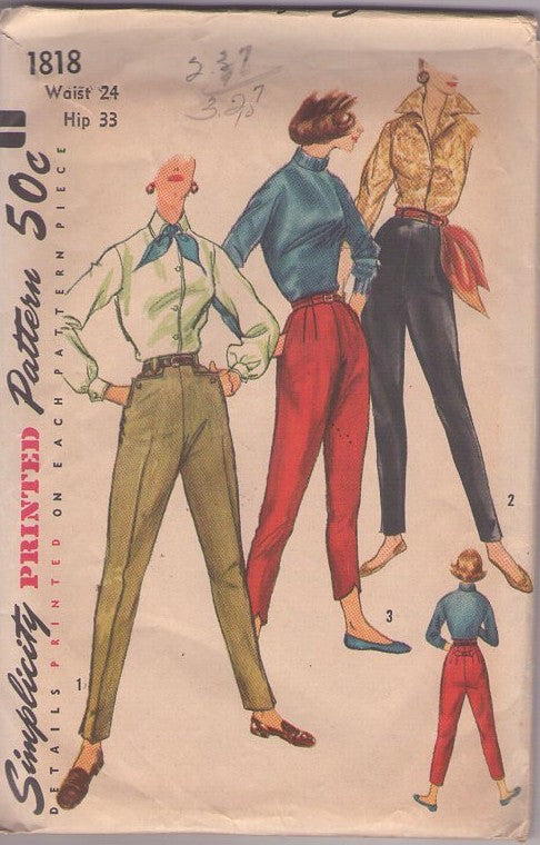 Simplicity 1818 Vintage 50's Sewing Pattern Trousers Set, Katherine Hepburn Western Style, High Waist Button Pocket, Pleated Tapered Ankle Pants Set Waist 24 Size S