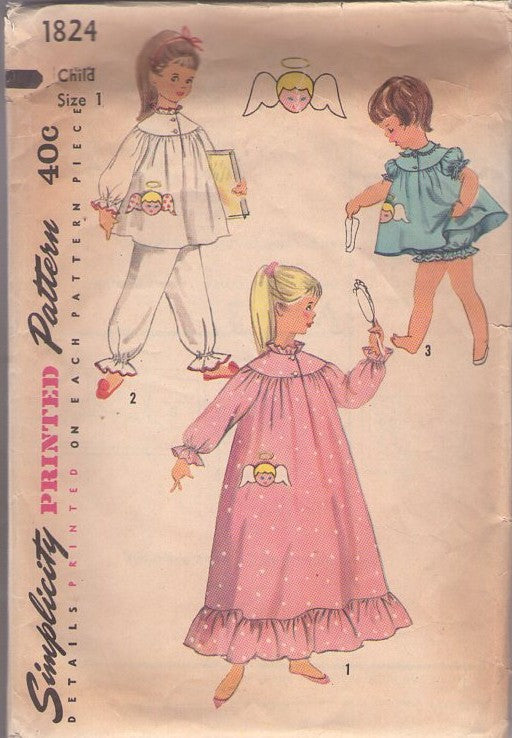 Simplicity 1824 Vintage 50's Sewing Pattern Girls' Nightgowns, Cherub Little Angel Applique Pajamas & Nightgown, Smock Top, Pants, Bloomer Panties, Gown Size 6