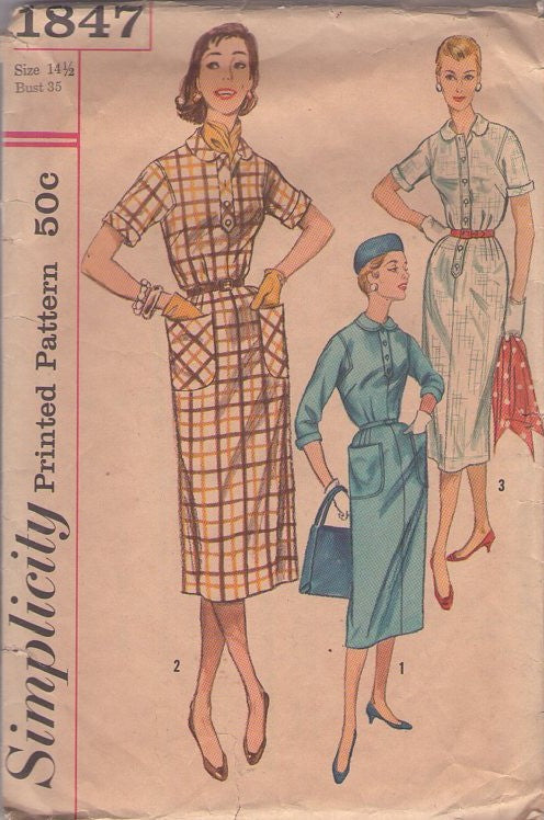 Simplicity 1847 Vintage 50's Sewing Pattern Slim Dresses, Classic Retro Housewife Mad Men Button Band Sheath Skirt Day Dress, Shaped Armholes Size 14.5