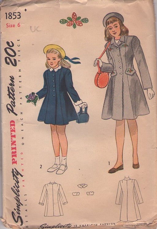 Simplicity 1853 Vintage 40's Sewing Pattern Girls' Coat Set, Fit & Flared, Nipped Waist Jacket, Collar & Cuffs, 2 Styles Size 6
