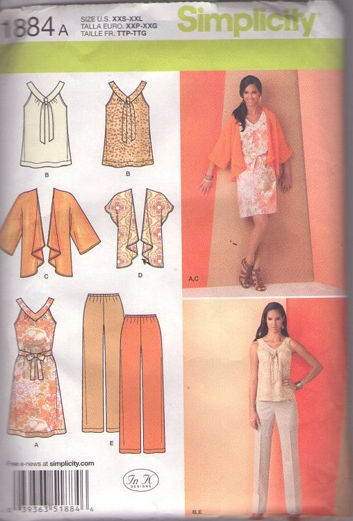 Simplicity 1884 Retro 2012 Sewing Pattern Easy  Summer Wardrobe, In K Designs Top, Kimono Jacket, Dress, Pants Size XXS-XXL