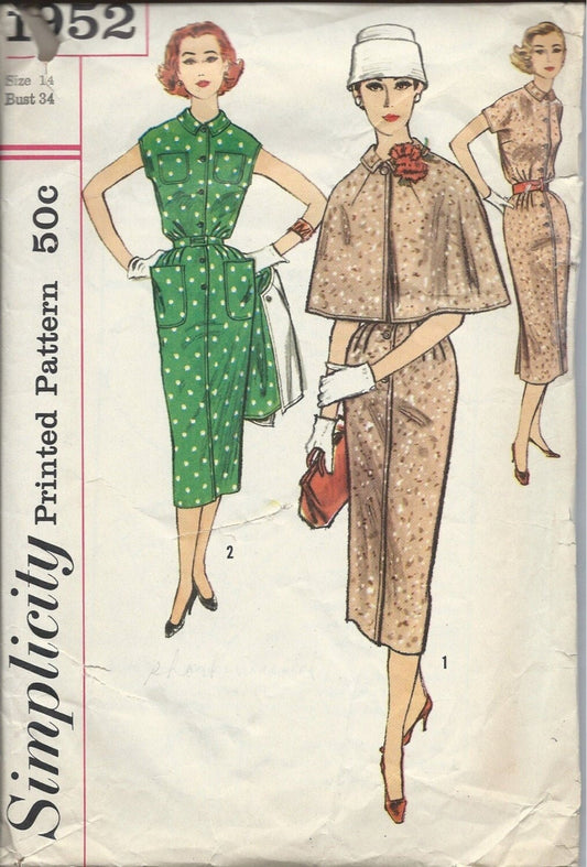 Simplicity 1952 Vintage 50's Sewing Pattern Sheath Dress, Cape, Mad Men, Lucy, Cap or Short Kimono Sleeve Sheath Dress, Front Buttons & Shoulder Capelet, Cape Size 14