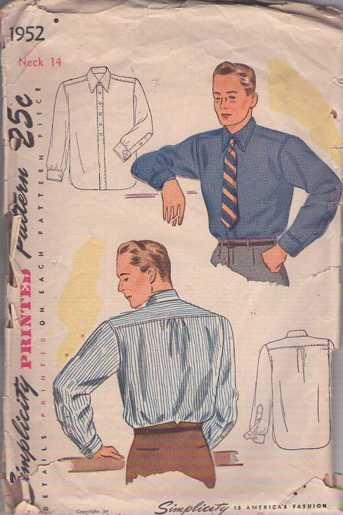 Simplicity 1952 Vintage 40's Sewing Pattern Young Men's Shirt, Back Yoked Dress Shirt, Button Front Band, Size 14