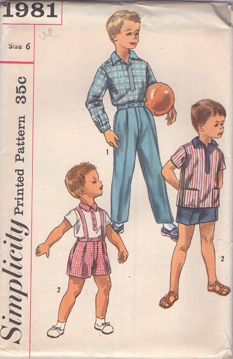 Simplicity 1981 Vintage 50's Sewing Pattern Boys' Separates, School or Play Wardrobe, Pullover Polo Top Shirt, Fly Front Trousers Suspender Shorts Size 6