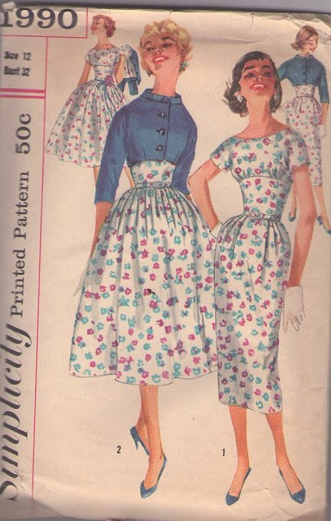 Simplicity 1990 Vintage 50's Sewing Pattern Rockabilly Dress Set, Jacket, Curve Hugging Wide Cinched Midriff Pleated Sheath or Bell Shaped Skirt Cocktail Party Dress, Cropped Jacket Cover Up Size 12