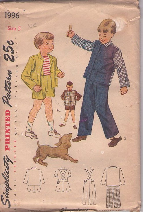Simplicity 1996 Vintage 40's Sewing Pattern Boys' Suit, Retro Swing Era Two Tone Shirt Jacket Shirt, Suspender Shorts & Trousers with Criss Cross Straps Size 5