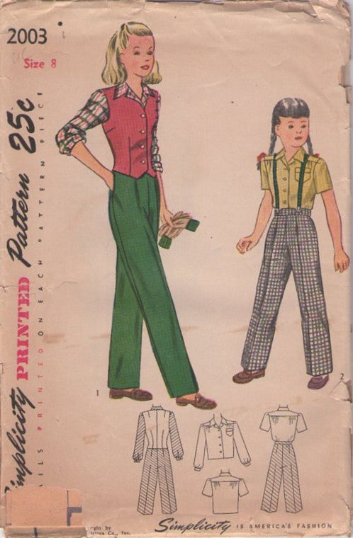 Simplicity 2003 Vintage 40's Sewing Pattern Girls' Separates, Swing Era Kate Hepburn Style High Waisted Trousers, Weskit Vest & Blouse Size 8