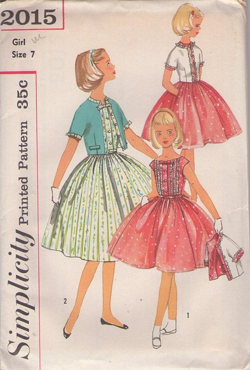 Simplicity 2015 Vintage 50's Sewing Pattern Girls' Dress, Jacket Ensemble, Modest School or Fancy Party Full Pleated Skirt Shirtwaist Dress, Short Jacket Cover Up Size 7