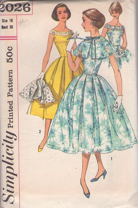Simplicity 2026 Vintage 50's Sewing Pattern Dress & Cape, Rockabilly Midge Maisel, Cinched Waist Full Box Pleated Skirt Bateau Neck Cocktail Party Dress, Sheer Capelet Cape Size 16