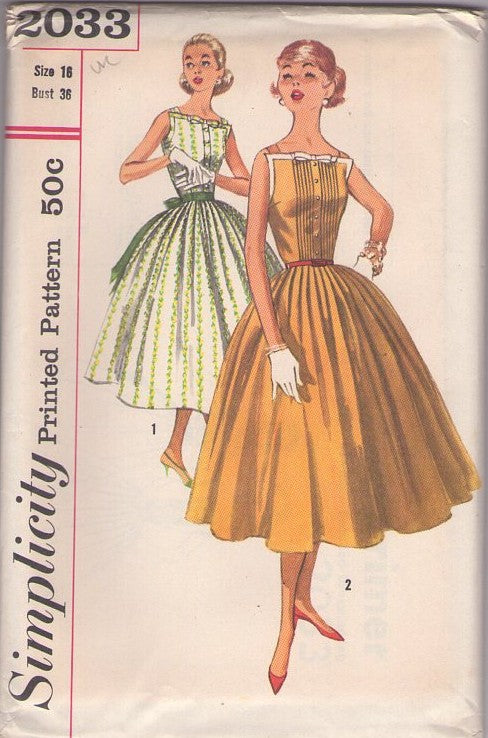 Simplicity 2033 Vintage 50's Sewing Pattern Day Dresses, Mrs. Maisel Pointed Bodice, Pin Tucks Summer Rockabilly Full Pleated Skirt Sun Dress, Party Gown Size 16