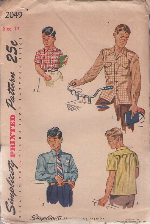 Simplicity 2049 Vintage 40's Sewing Pattern Boys' Shirts, Leave it To Beaver Two Tone 2Tone Rockabilly School or Dress Shirt Size 14