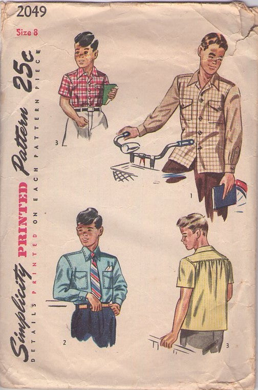 Simplicity 2049 Vintage 40's Sewing Pattern Boys' Shirts, Leave it To Beaver Two Tone 2Tone Rockabilly School or Dress Shirt Size 8