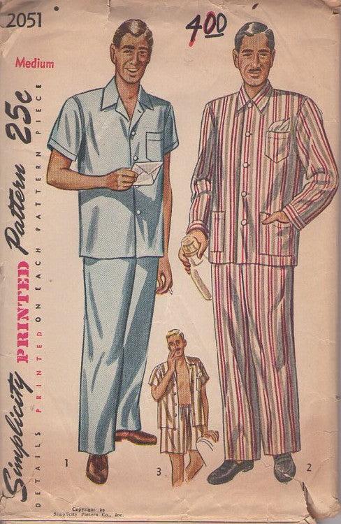 Simplicity 2051 Vintage 40's Sewing Pattern Men's Pajamas Set, Wartime Summer and Winter Pajamas, Sleep Coat Shirt, Drawstring Trousers, Boxer Shorts Size M