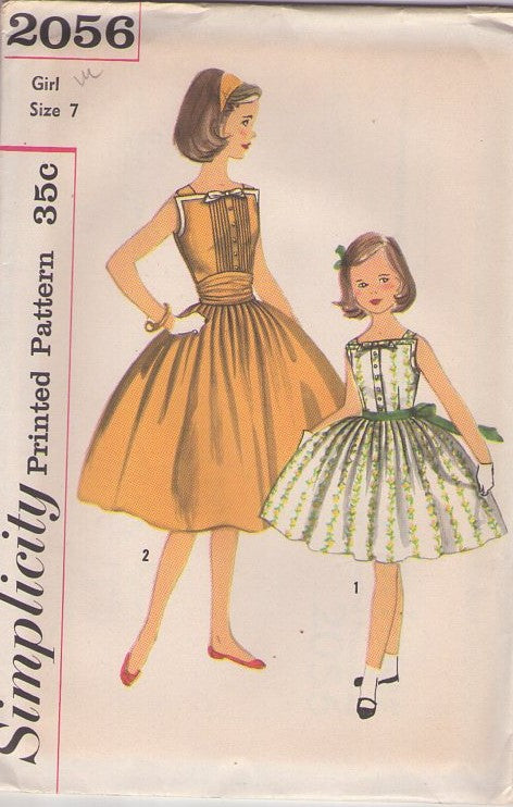 Simplicity 2056 Vintage 50's Sewing Pattern Girls' Dress, First Date, Sock Hop Dance Pin Tucks Summer Sun Dress, Full Modest Skirt Size 7
