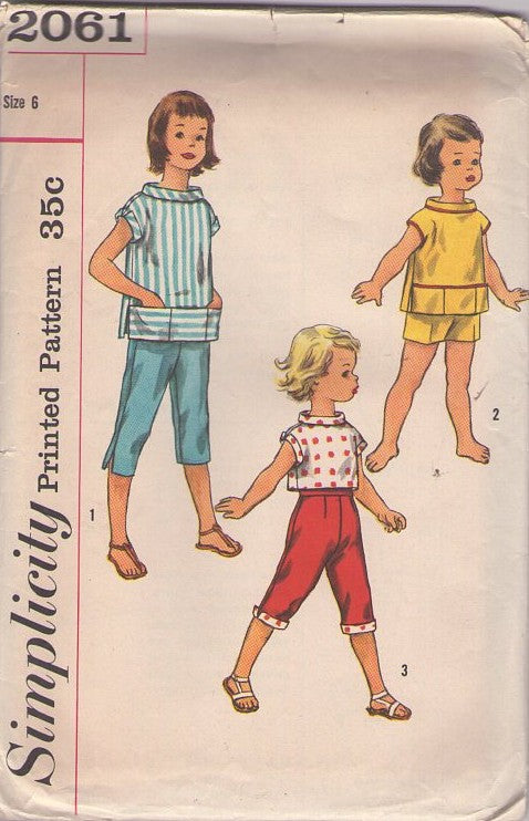 Simplicity 2061 Vintage 50's Sewing Pattern Girls' Separates, School Days Stand Up Collar Pullover Smock Top, Shirt, Shorts, Capri Pants Pedal Pushers Size 6