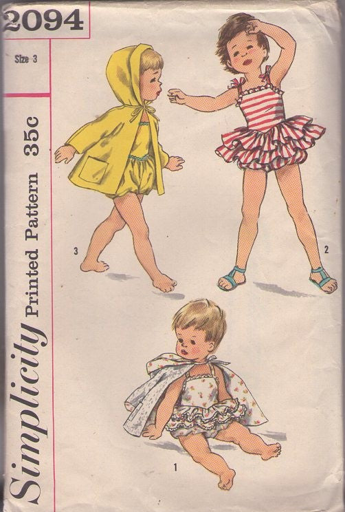 Simplicity 2094 Vintage 50's Sewing Pattern Toddlers' Swimwear, Rhumba Ruffles, Bubble Leg Sunsuit, Playsuit, Swimsuit, Bathing Costume & Coat with Hood Size 3