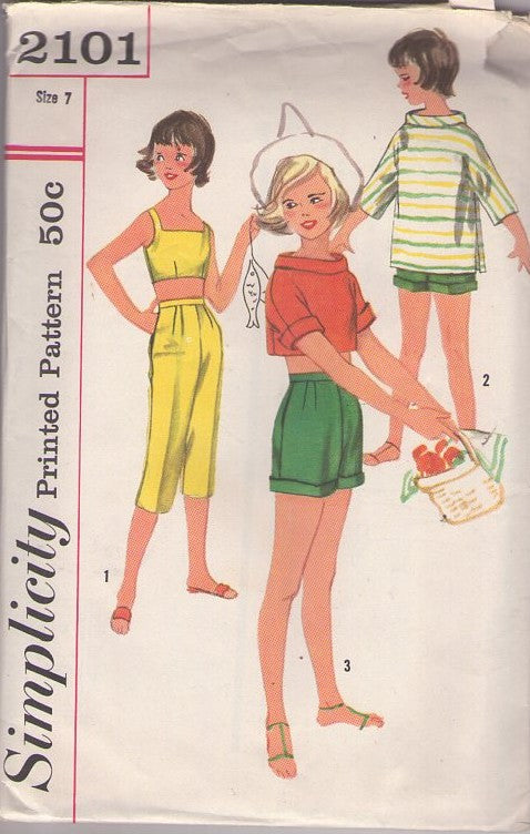 Simplicity 2101 Vintage 50's Sewing Pattern Girls' Separates, Gidget Looks, Cropped Bra Top, Boat Neck Short or Long Pullover Blouse, High Waist Shorts or Cigarette Capri Pants Size 7