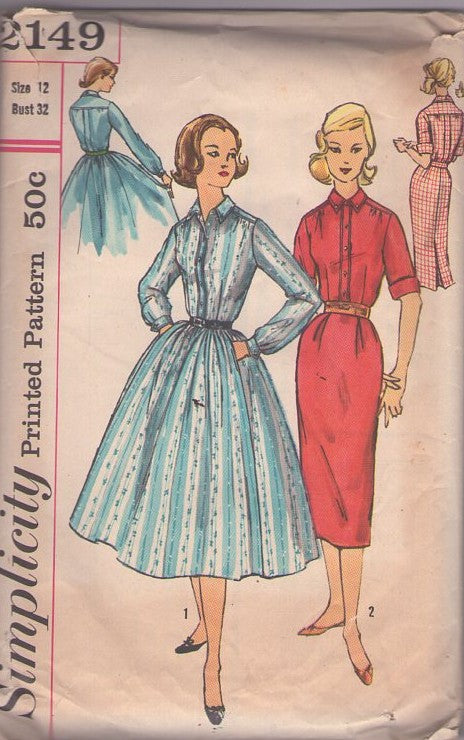Simplicity 2149 Vintage 50's Sewing Pattern Shirtwaister Dress Set,  Back Pleat Front Buttoned Band Rockabilly Era Shirtwaist Day Dress, Step In Sheath or Full Pleated Skirt Size 12