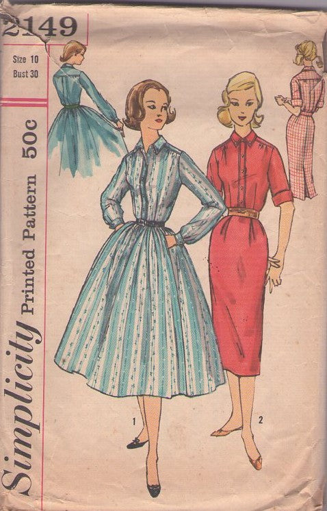 Simplicity 2149 Vintage 50's Sewing Pattern Shirtwaister Dress Set, Fabulous Back Pleat Front Buttoned Band Rockabilly Era Shirtwaist Day Dress, Step In Sheath or Full Pleated Skirt Size 10