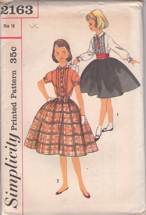 Simplicity 2163 Vintage 50's Sewing Pattern Girls' Dress Set, Button Front Shirtwaist Dress, Pleats or Lace Trim, Full Skirt, 2 Styles Size 8