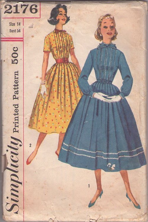 Simplicity 2176 Vintage 50's Sewing Pattern Day Dress, Retro Housewife, Mad Men Day Dress, Shirtwaist with Pin Tucks, Box Pleats, 2 Styles Size 14
