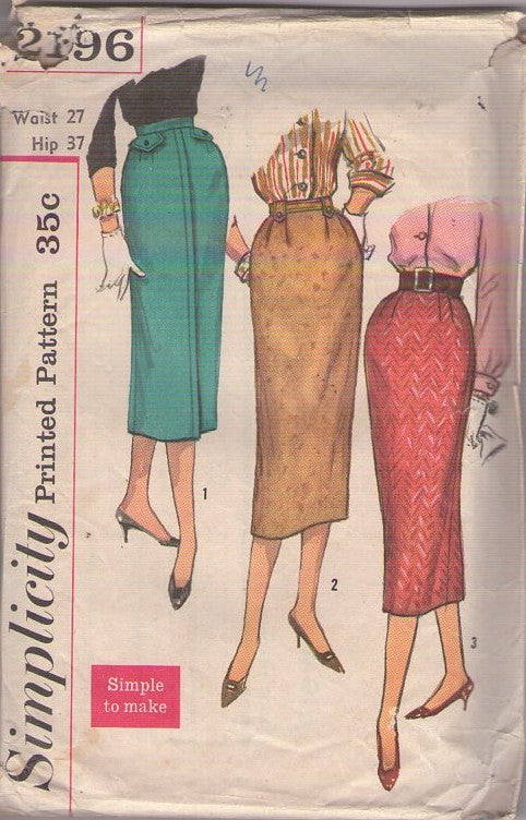 Simplicity 2196 Vintage 50's Sewing Pattern Pencil Skirt Set, Slim Straight Secretary Skirts, 3 Styles Size 27 Size M