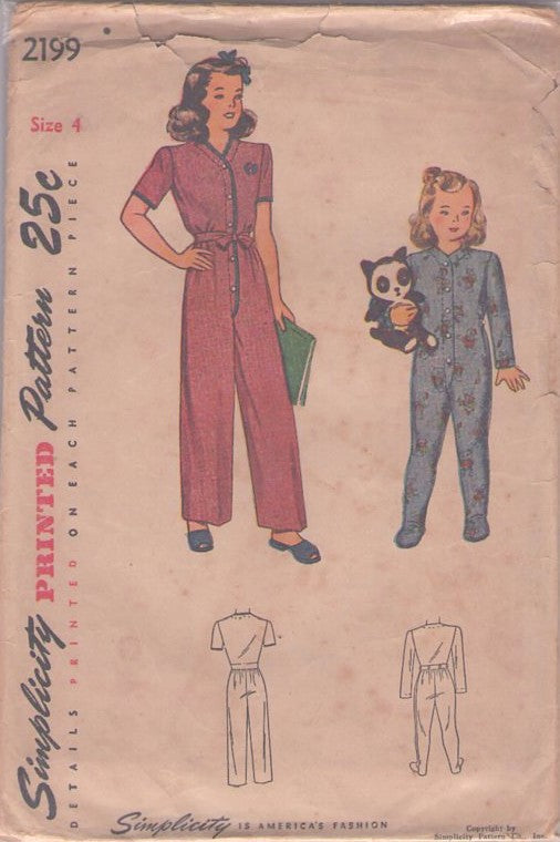 Simplicity 2199 Vintage 40's Sewing Pattern Children's Pyjama, Step in One Piece Pajamas, Drop Seat Bottoms Jumpsuit, Lounge Wear, Footed or Not Size 4