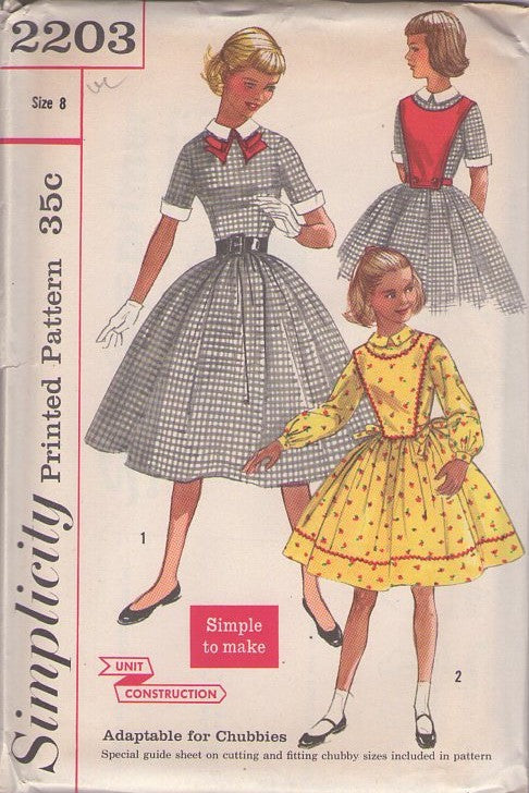 Simplicity 2203 Vintage 50's Sewing Pattern Girls' Dress Set, Hairspray Full Skirt School or Party Dress, Detachable Collar, Cuffs, Bow, Button On Plastron Apron Top Size 10