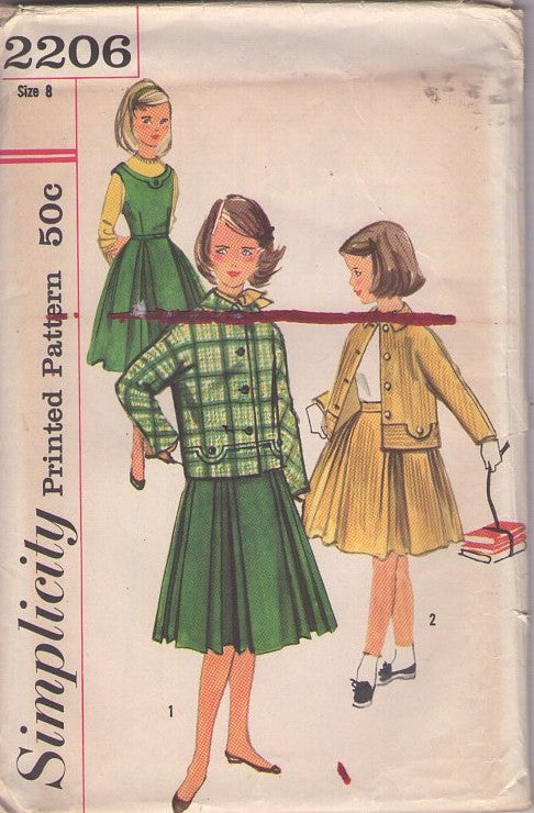 Simplicity 2206 Vintage 50's Sewing Pattern Girls' Separates, First Job, Cluster Pleats, Modest Length Skirt, Jumper Dress, Shirt Jacket Cover Up Size 8