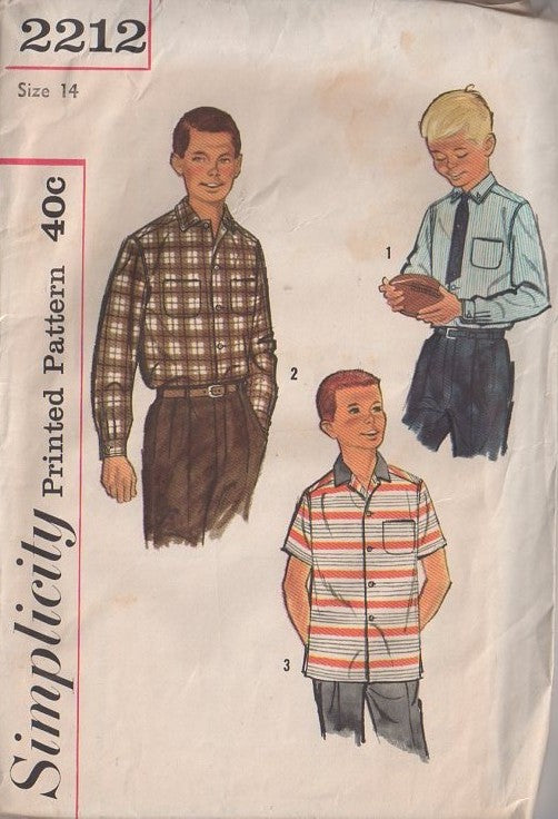 Simplicity 2212 Vintage 50's Sewing Pattern Boys' Shirts, Leave it To Beaver Retro Rockabilly Dress or Sports Shirt, Button Down Collar Size 14