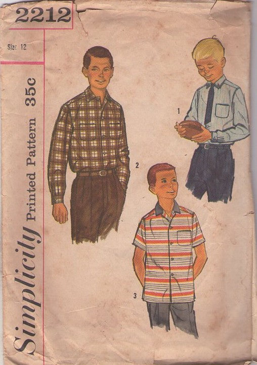 Simplicity 2212 Vintage 50's Sewing Pattern Boys' Shirts, Leave it To Beaver Retro Rockabilly Dress or Sports Shirt, Button Down Collar Size 12