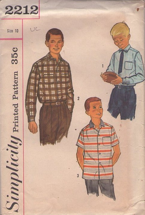 Simplicity 2212 Vintage 50's Sewing Pattern Boys' Shirts, Leave it To Beaver Retro Rockabilly Dress or Sports Shirt, Button Down Collar Size 10
