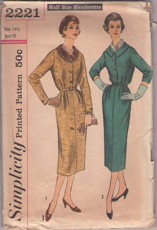 Simplicity 2221 Vintage 50's Sewing Pattern Afternoon Dress, Half Size Slenderette, Buttoned Shirtwaist, Slim Pleated Skirt 2 Styles Size 14.5