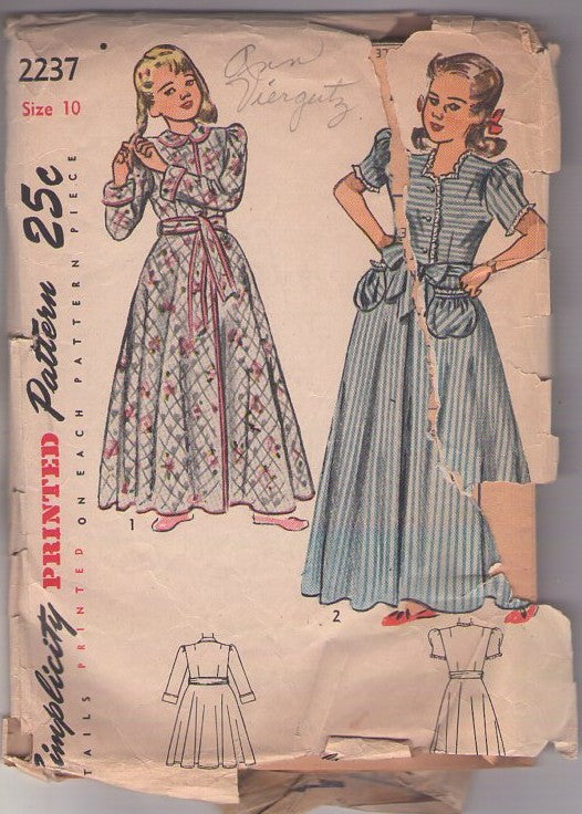 Simplicity 2237 Vintage 40's Sewing Pattern Girls' Robes, Modest Flared House Coat, Skirted Bathrobe, Robe Set 2 Styles Size 10