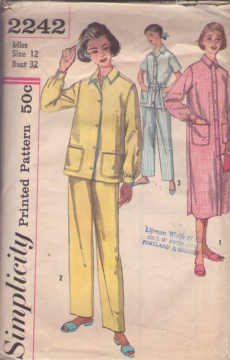 Simplicity 2242 Vintage 50's Sewing Pattern Pajamas, Sleepshirt, Nightgown, Collared PJs Blouse Top, Pants, House Dress Size 12