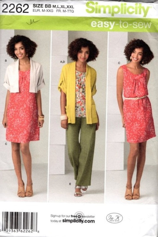 Simplicity 2262 Retro 2011 Sewing Pattern Easy Mix & Match Casual Separates, Dress, Cardigan or Bolero Jacket Size M-XXL