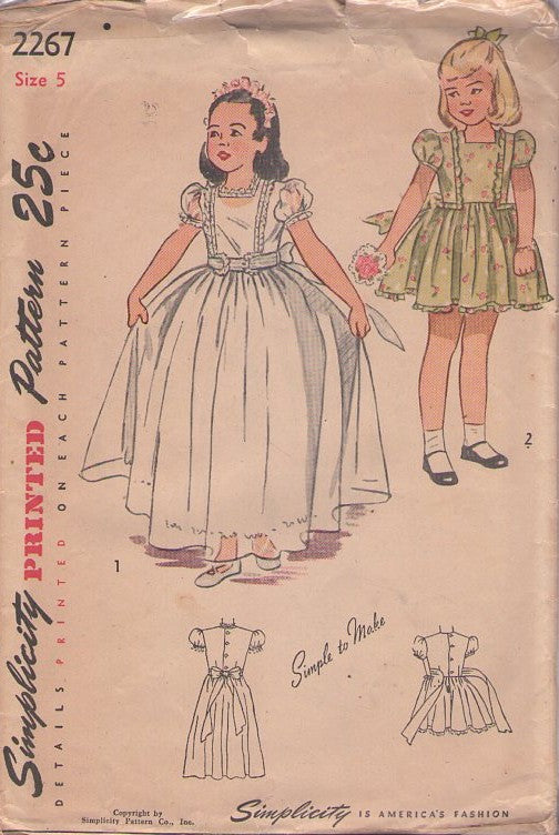 Simplicity 2267 Vintage 40's Sewing Pattern Girls' Dresses, Fancy Formal Flower Girl, First Communion Dress, Ball Gown, Party or School Dress Size 5