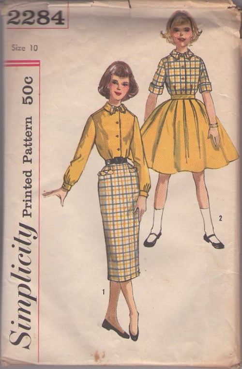 Simplicity 2284 Vintage 50's Sewing Pattern Teen Girls' Separates, First Job Interview Modest Button Tab Collar Blouse, Shirt, Slim Pencil or Full Flared Skirt Size 10