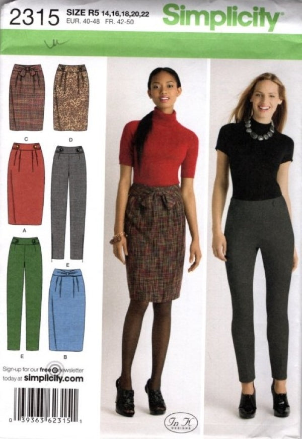Simplicity 2315 Retro 2010 Sewing Pattern Chic Career Sheath Skirt, Tapered Leg Pants Set, In K Designs, 5 Styles 14-22