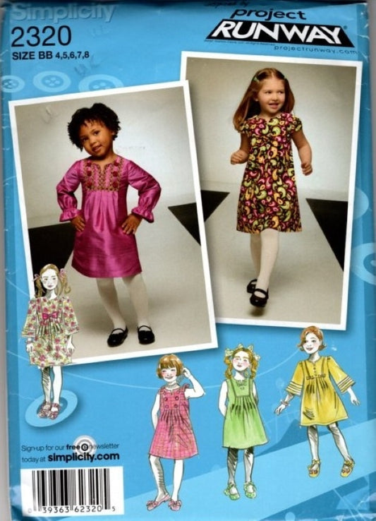 Simplicity 2320 Retro 2010 Sewing Pattern Girls' Dress, Project Runway Designs, Pleats, Bell Sleeves, School Styles Size 4-8