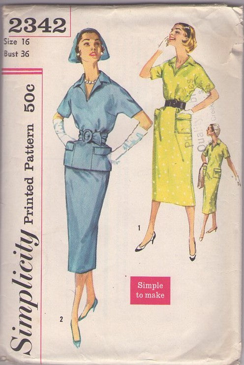 Simplicity 2342 Vintage 50's Sewing Pattern Day Dresses, Simple to Make Rockabilly Sheath Dress, Flap Pockets or Pullover Tunic Top Blouse & Slim Pencil Skirt Size 16
