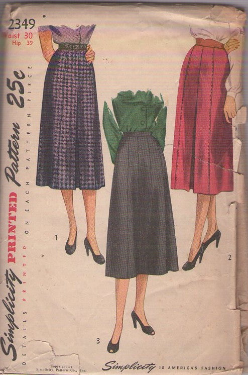 Simplicity 2349 Vintage 40's Sewing Pattern Gored Skirt Set, Modest Secretary Skirts, 3 Styles Waist 30