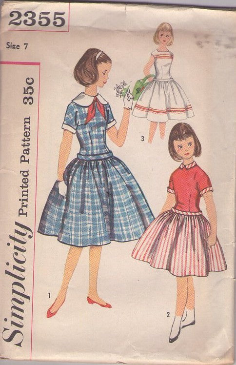 Simplicity 2355 Vintage 50's Sewing Pattern Girls' Dresses, Drop Waist, Crumb Catcher Band, Flared Skirt School Dress, 3 Styles Size 7