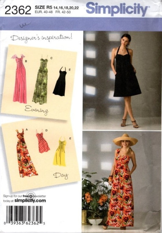 Simplicity 2362 Retro 2010 Sewing Pattern Summer Day to Night Dress, Designer's Inspiration, 5 Styles, Halter Top, Gathers, Party, Cruise Size 14-22