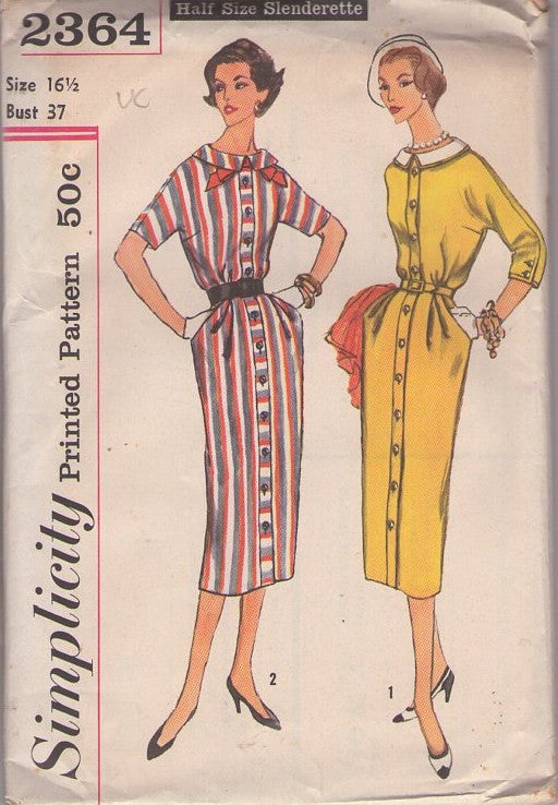 Simplicity 2364 Vintage 50's Sewing Pattern New Look Coat Dress, Retro Lucy, Slenderette, Flat Collar, Kimono Sleeve, Front Buttoned Sheath Dress Size 16.5