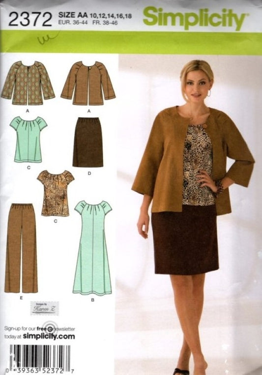 Simplicity 2372 Retro 2010 Sewing Pattern Minimalist Career Wardrobe, Designs by Karen Z, Blouse, Skirt, Dress, Jacket, Pants Size 10-18