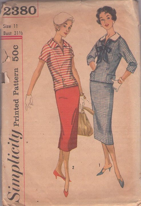 Simplicity 2380 Vintage 50's Sewing Pattern Rockabilly Separates, Italian Sailor Style 2 Piece Sheath Dress, Kimono Sleeves Blouse Topper & Pencil Skirt Size 11
