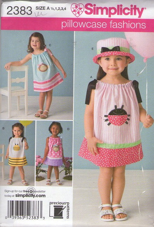 Simplicity 2383 Retro 2010 Sewing Pattern Girls' Dress, Hat, Pillowcase Fashions, Hat, Drawstring Flared Summer Sun Dress, Applique Trim, 4 Styles Size 1/2-4