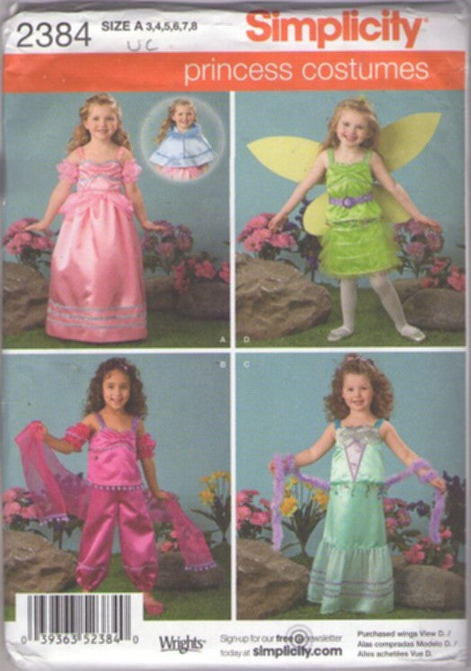 Simplicity 2384 Retro 2010 Sewing Pattern Dress Up Costumes, Girl's Easy Generic Disney Princess Costumes, Little Mermaid, Jasmin, Tinkerbell, Belle Size 3-8