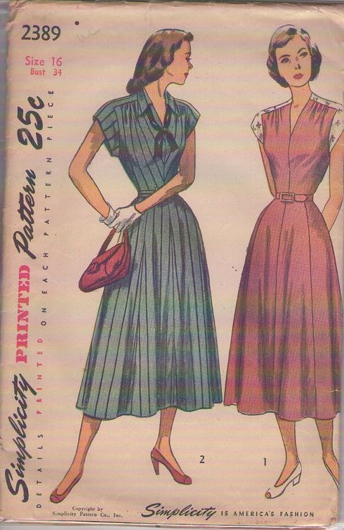 Simplicity 2389 Vintage 40's Sewing Pattern Modest Day Dress, Cap Sleeve, V Neck, Gored Skirt 2 Styles Size 16